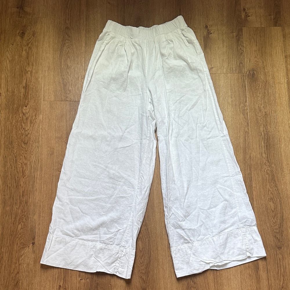 Stateside Women’s White Linen-Blend Wide Leg Crop Pull On Pants Size XS